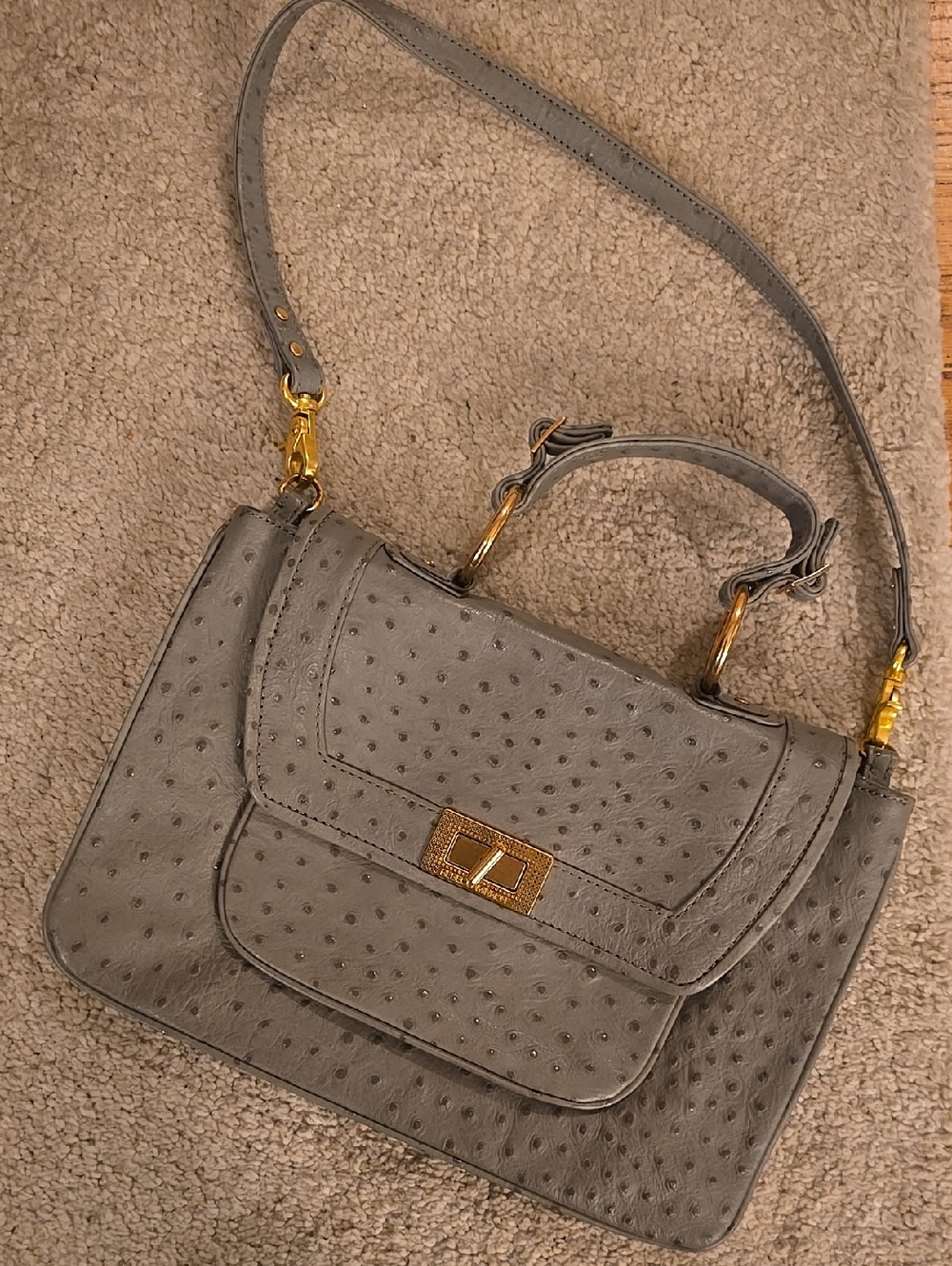 Grey Textured Top-Handle Shoulder Bag with Gold Hardware